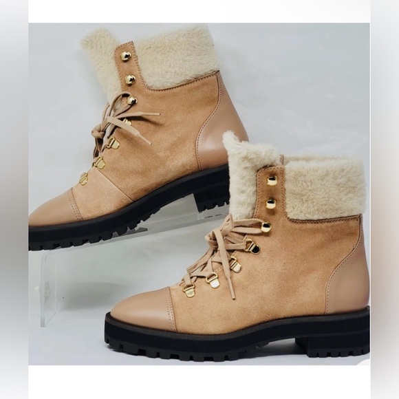 NWT Stuart Weitzman Alpine Leather & Suede Shearling Combat Boots 6.5 - Picture 4 of 9